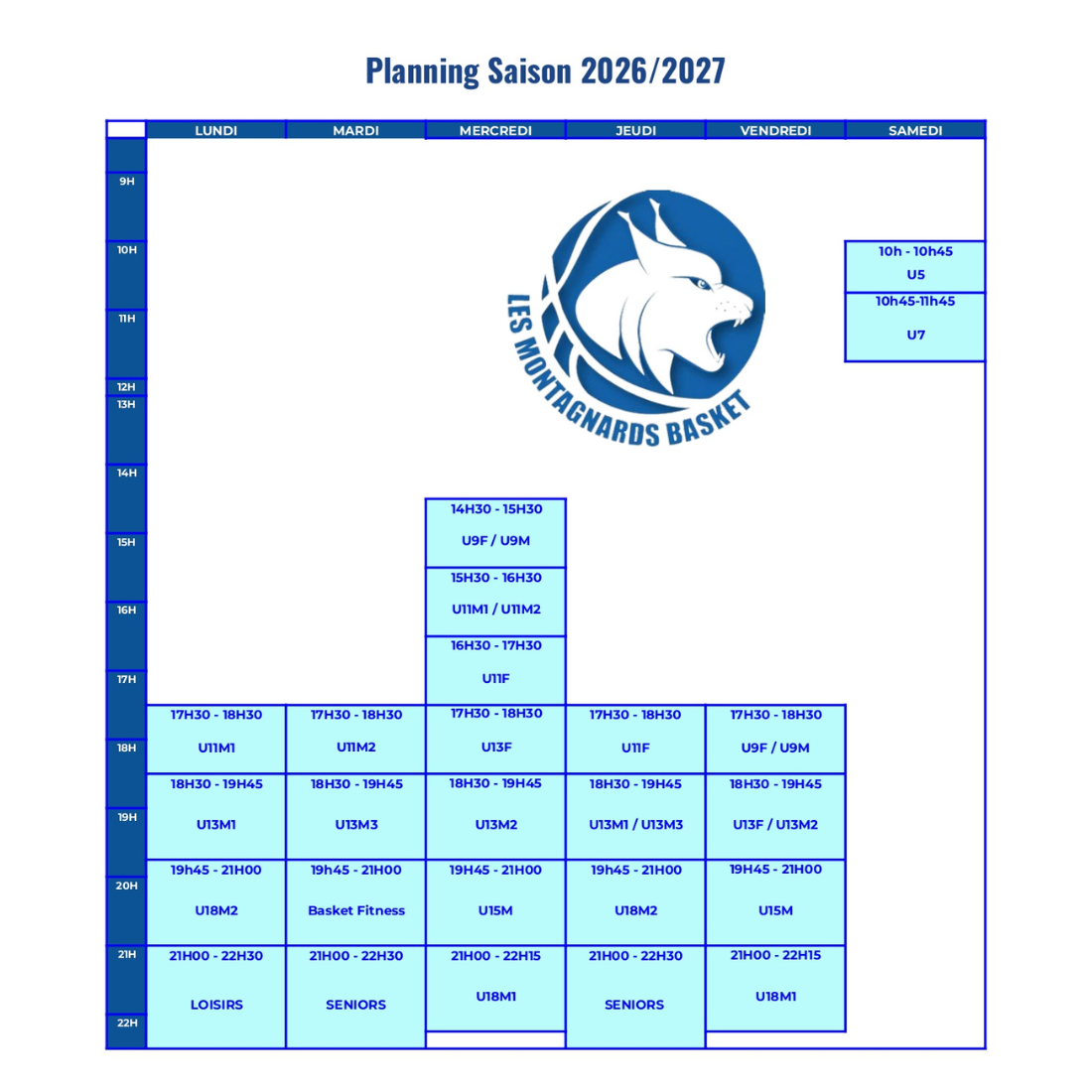 Planning des entraînements – Saison 2026/2027