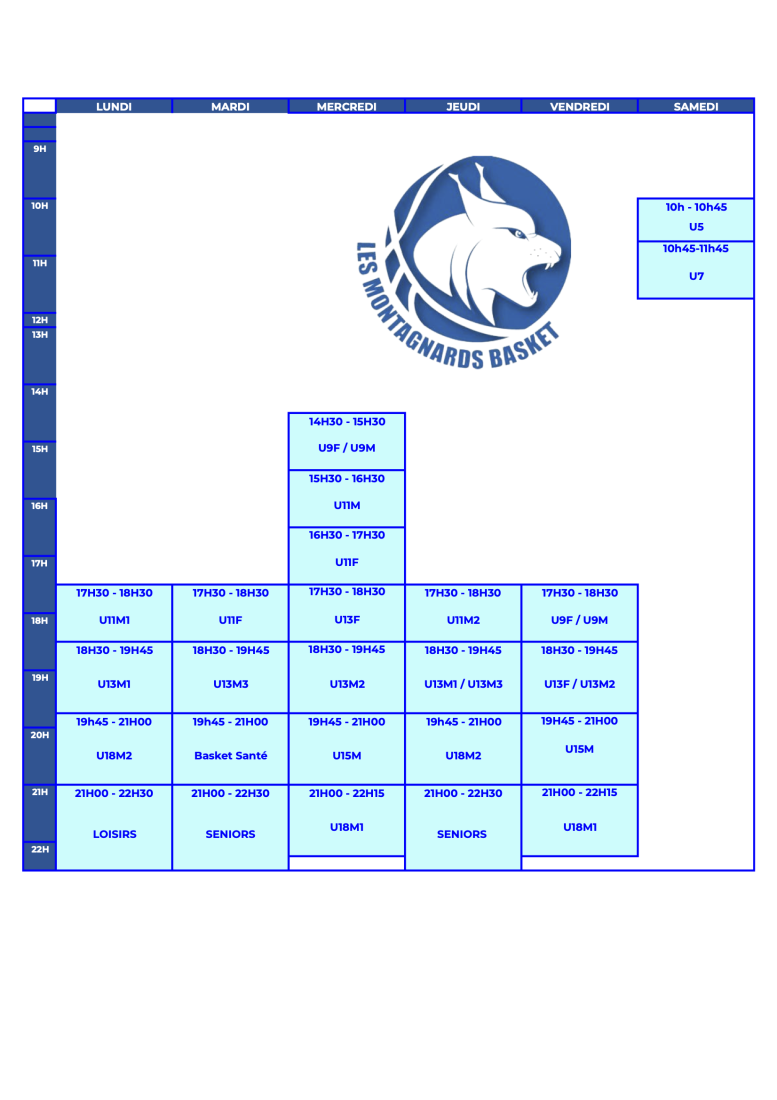 Planning des entraînements – Saison 2026/2027